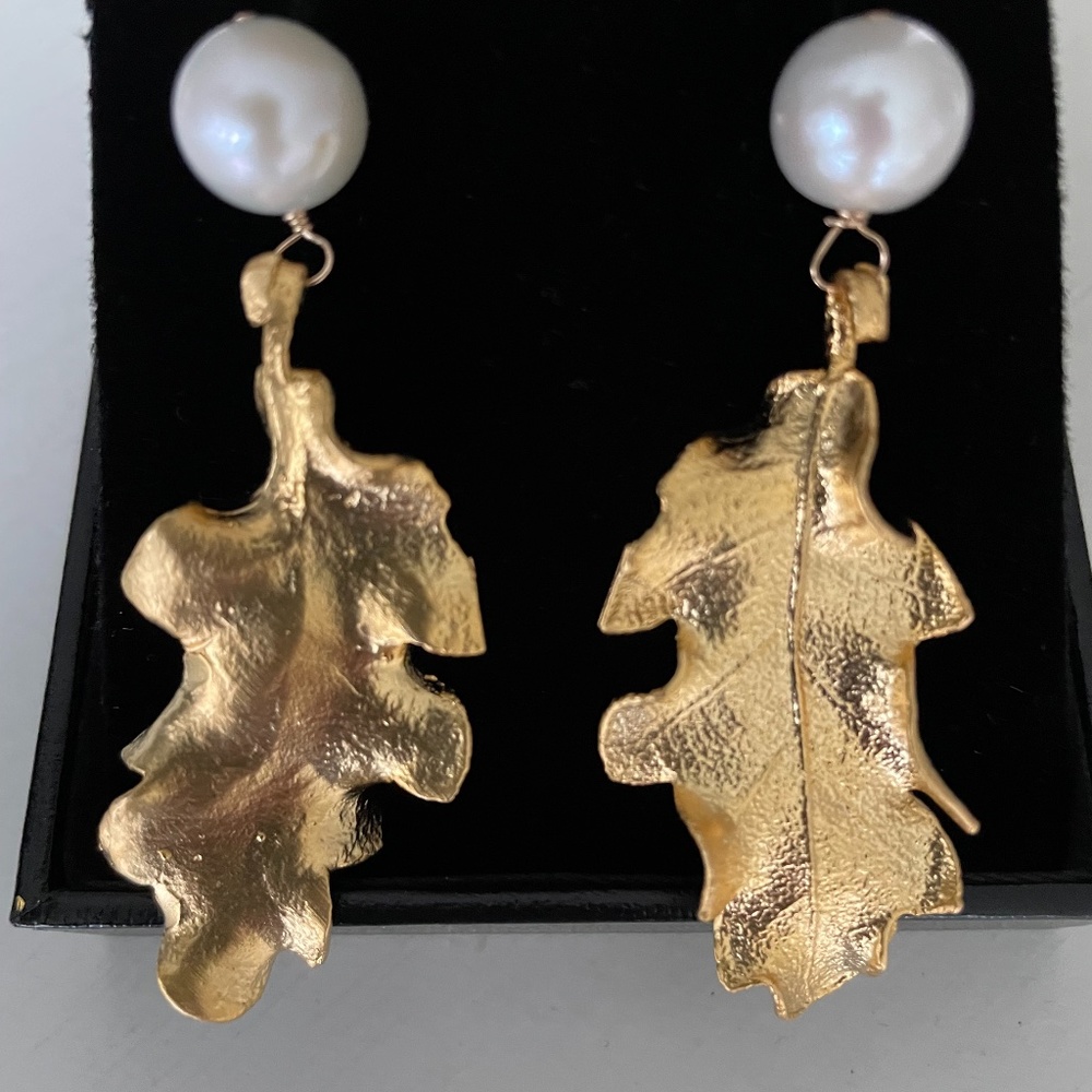 Meg Carter Designs Oak Leaf Pearl Drop Earrings